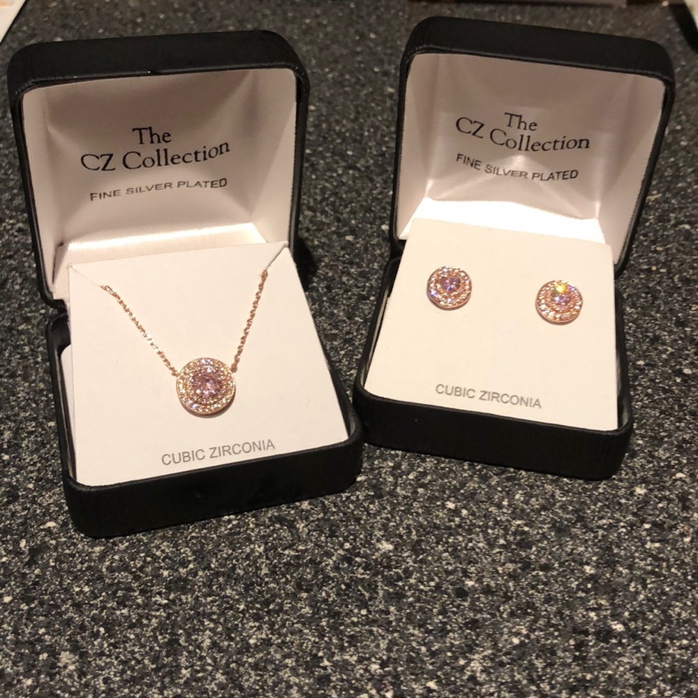 Pink and white cubic zirconia necklace and earring
